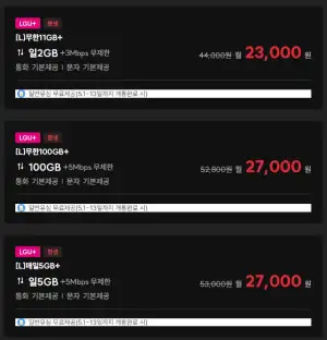LG U+망 알뜰폰 LTE 11GB+일2GB+3Mbps요금제 평생
