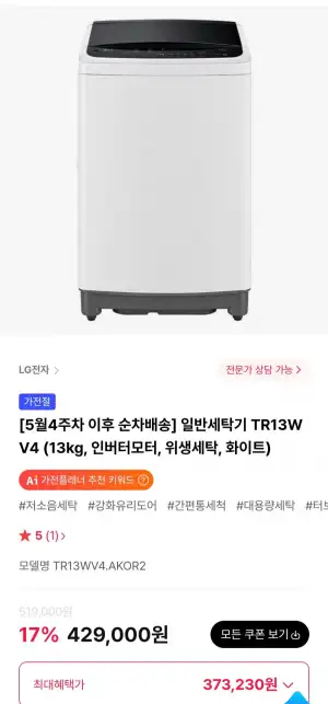 LG 통돌이 세탁기 TR13WV4 13kg