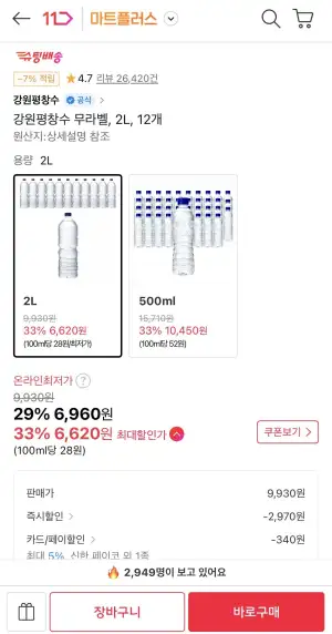 강원평창수 무라벨 2L 12개