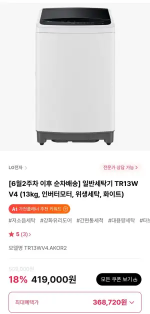 LG 통돌이 세탁기 TR13WV4 13kg
