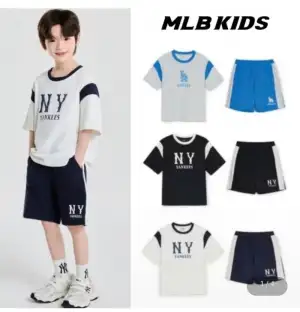 MLB키즈 바시티 배색 레터 로고 티셔츠셋업