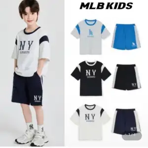 MLB키즈 바시티 배색 레터 로고 티셔츠셋업