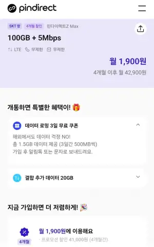skt망 4개월 통화 문자 무제한 알뜰요금제 100gb