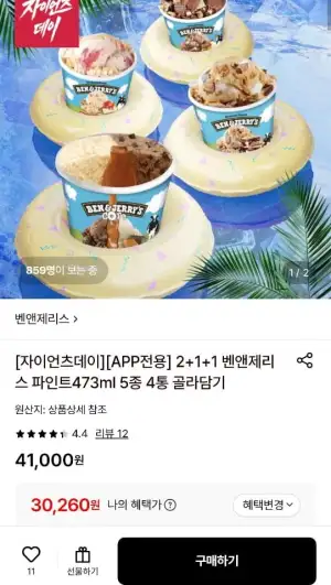 2+1+1 벤앤제리스 파인트473ml 5종 4통 골라담기