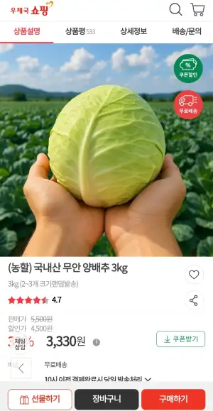 (농할) 국내산 무안 양배추 3kg
