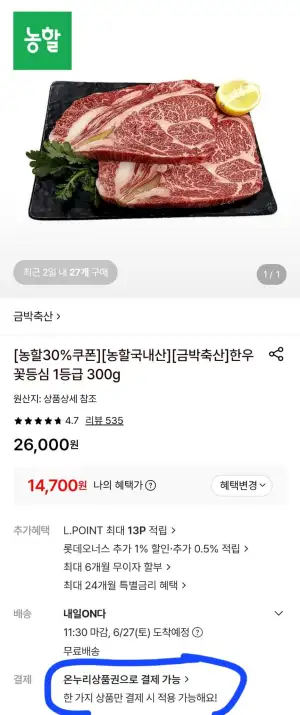 금박축산 한우 꽃등심 1등급 300g