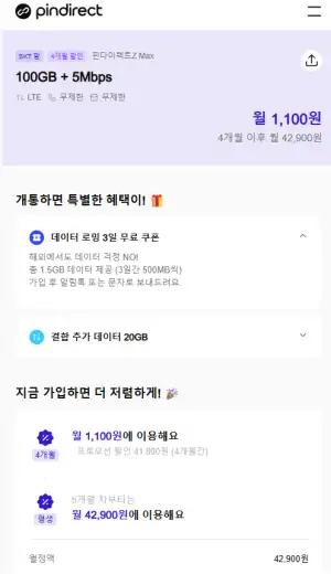 알뜰폰 100기가 5mb skt망 4개월 (역대급)