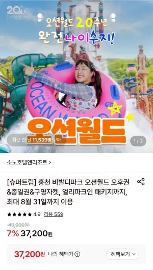 홍천 비발디파크 오션월드 오후권&amp;종일권&amp;구명자켓 (~8/31)
