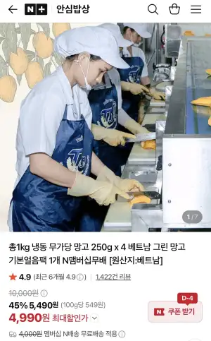 총1kg 냉동 무가당 망고 250g x 4 베트남 그린 망고 네이버멤버쉽
