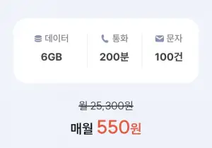 SKT망. 통화 200분, 데이터 6GB