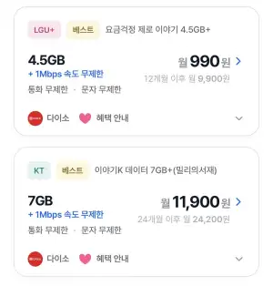 알뜰폰 4.5기가 통문무 1Mbps 12개월