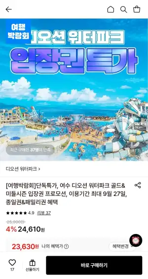 여수 디오션 워터파크 골드&amp;미들시즌 입장권 (카드)
