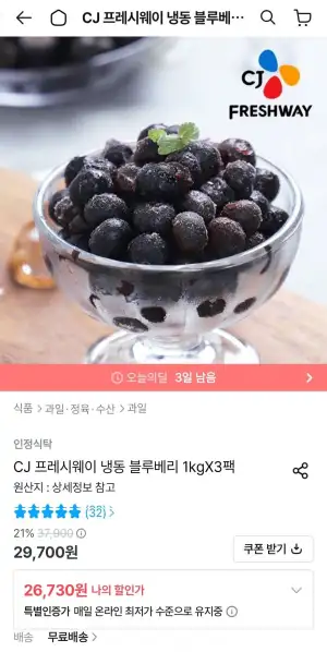 CJ프레시웨이 냉동 블루베리 1kgX3팩