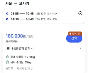 12.10 ~ 12.13 인천 오사카 왕복 항공권