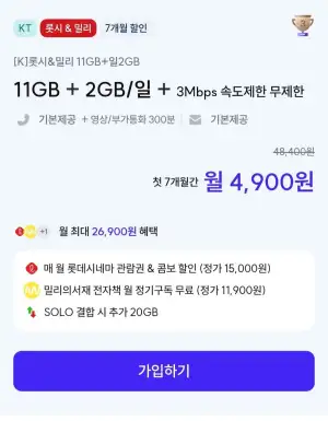 롯데시네마 밀리 11GB 일 2GB 11GB 3Mbps 속도제한