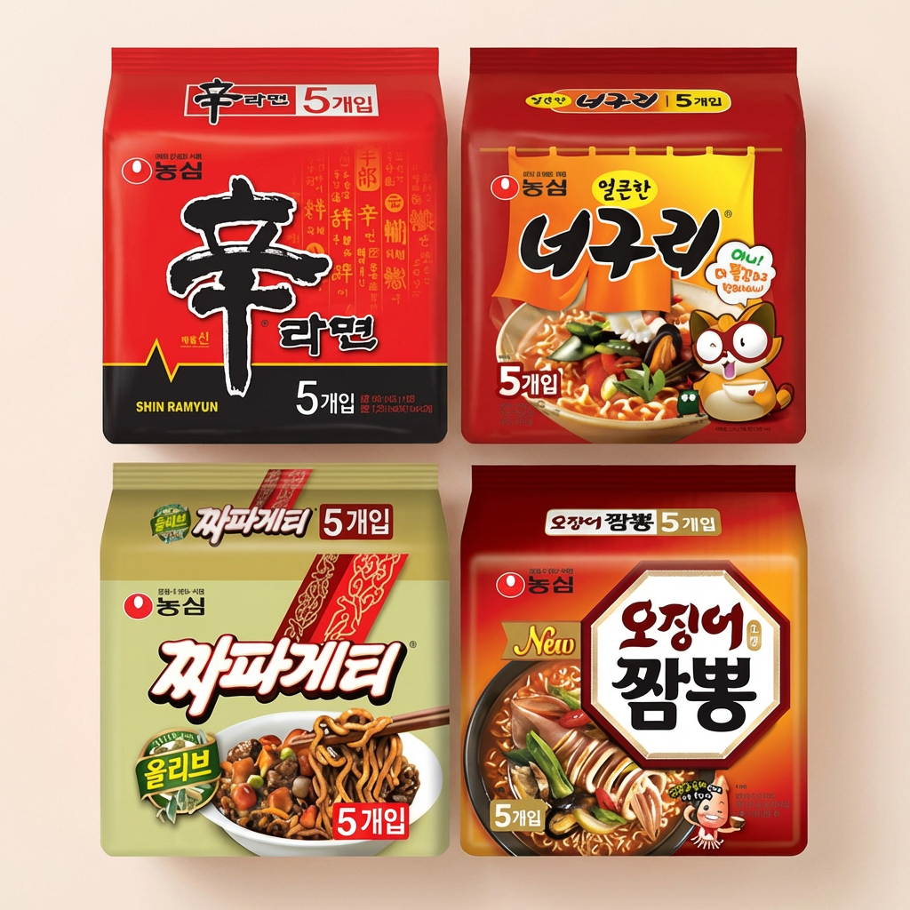 Nongshim, Shin Ramyun, 120g, 5 túi + Neoguri, 120g, 5 túi + Chapagetti, 140g, 5 túi + Mực Jjamppong, 124g, 5 túi