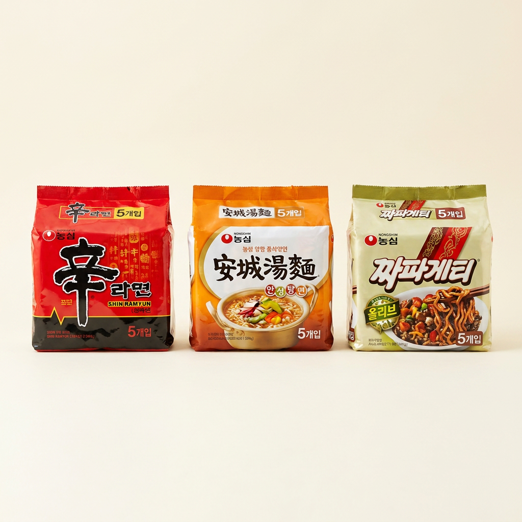 Nongshim Shin Ramyun, 120g, 5 miếng + Anseongtangmyeon, 125g, 5 miếng + Neoguri, 120g, 5 miếng + Chapagetti, 140g, 5 miếng